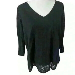 Coldwater Creek Black Floral Burnout Top 1X - Sheer, V-Neck, 3/4 Sleeve Blouse